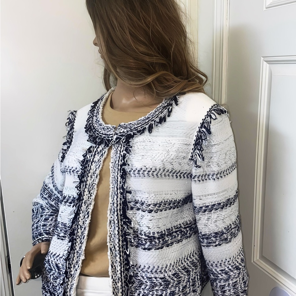 Women's White and Blue Tweed Jacket